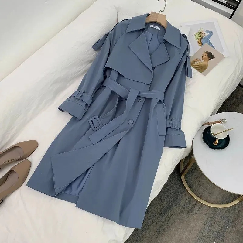 Elegant mid length womens blue trench coat with waistband collar single-layer windproof jacket spring and autumn Korean windproof 240929