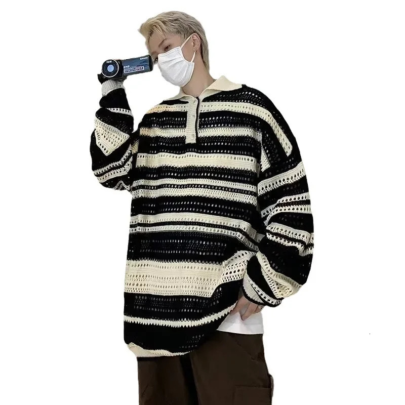 Elegant colored lapel and floral mens sweater autumn n feels niche and warm hollow knit jacket 240930