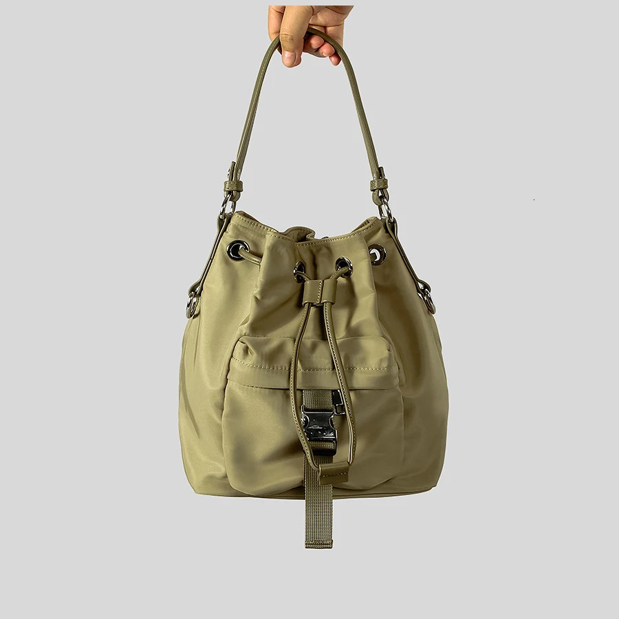 Casual Nylon Buckets Bag Drawsting Women Handbags Vintage Shoulder Crossbody Bag Simple Female Tote Purses 240930