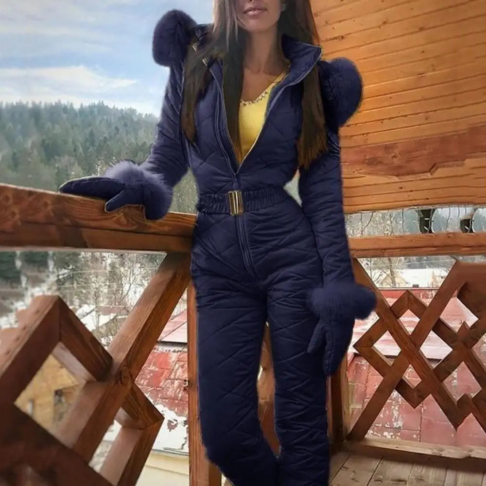Faux Fur Collar Hooded Women Jumpsuits Winter Skiing Jumpsuit Outdoor Warm Fleece Ski Jumpsuit Women Skiing Suite Winter Coat 240927
