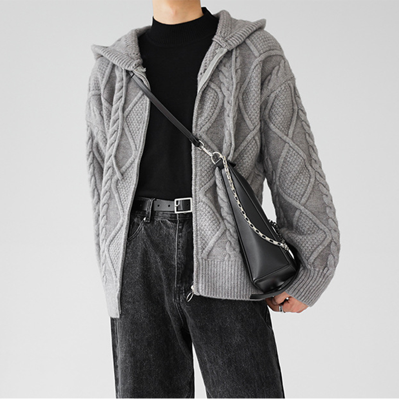 Men's Hooded Zippers Knitted Cardigan Sweater Casual Jacquard Solid Color Long Sleeve Streetwear Vintage Hoodie Knitwear