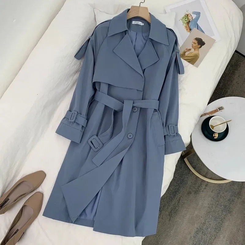 Elegant mid length womens blue trench coat with waistband collar single-layer windproof jacket spring and autumn Korean windproof 240929