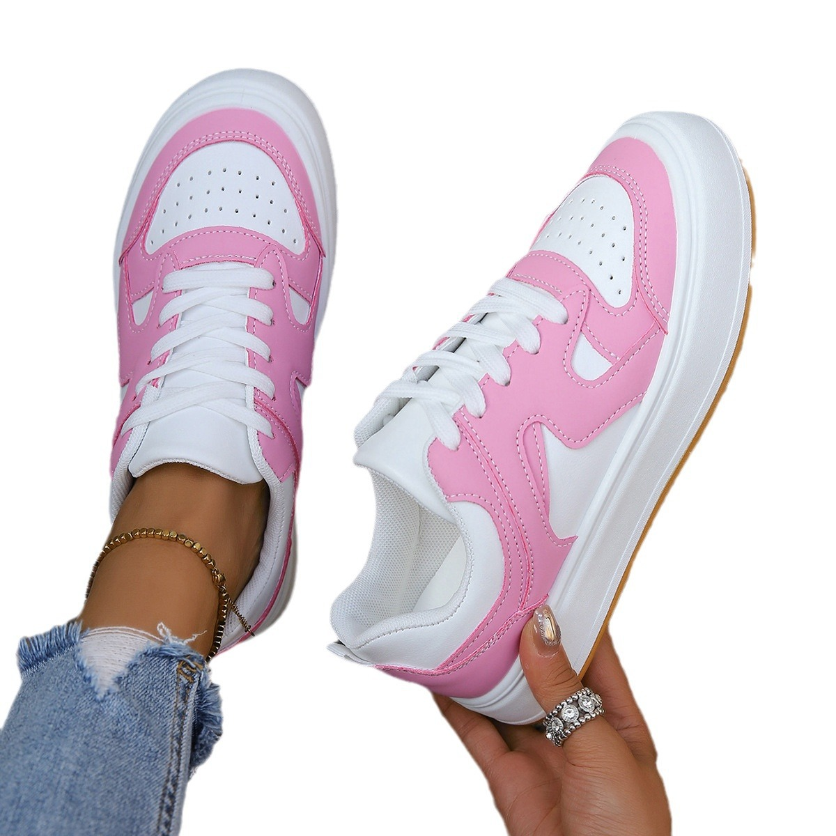 Casual Shoes for Women Breathable Blue Pink White Brown Lace Up Trendy Shoes Leather Shoes