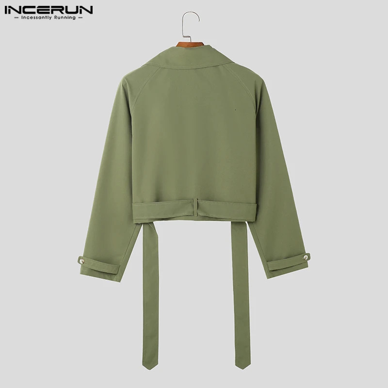 INCERUN Tops 2023 American Style Handsome Men Solid Cropped Tie Up n Jacket Casual Male Lapel Trench Coats S5XL 240921