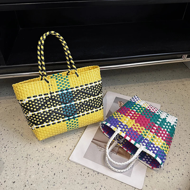 Handwoven Portable Handbag Large Capacity Plastic Handbag Summer Beach Travel Holiday Shopping Bag Contrast Colors 240930