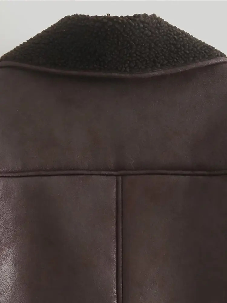 Women Fashion Lapel Faux Fur Leather Jacket Chic Singlebreasted Long Sleeves With Pocket Warm Coat 2024 Lady High Streetwear 240924