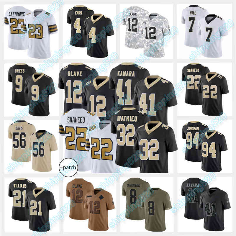 41 Alvin Kamara Football Jersey 12 Chris Olave 32 Tyrann Mathieu 4 Derek Carr Demario Davis Taysom Hill 22 Rashid Shaheed Drew Brees Jamaal Williams Marshon Lattimore