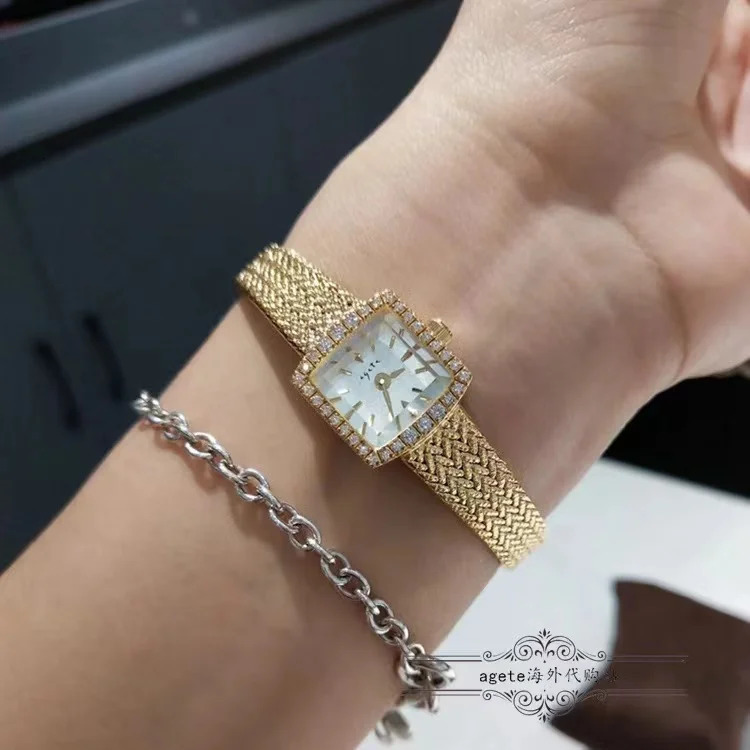 18K gold-plated brass band womens watch quartz bracelet diamond chain small dial high-quality womens retro gift 240918