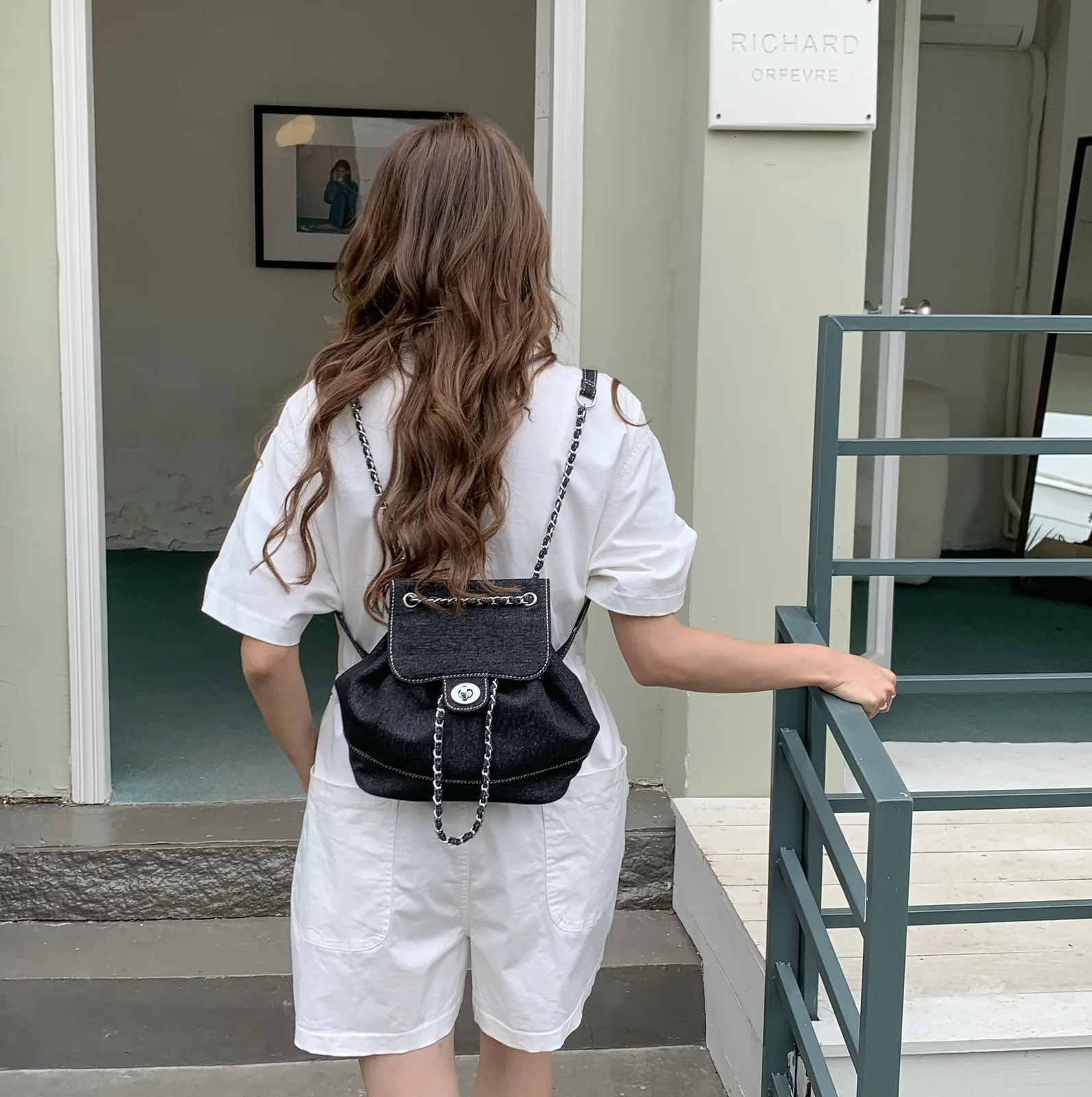 Womens Korean denim casual chain travel backpack 240927 200c