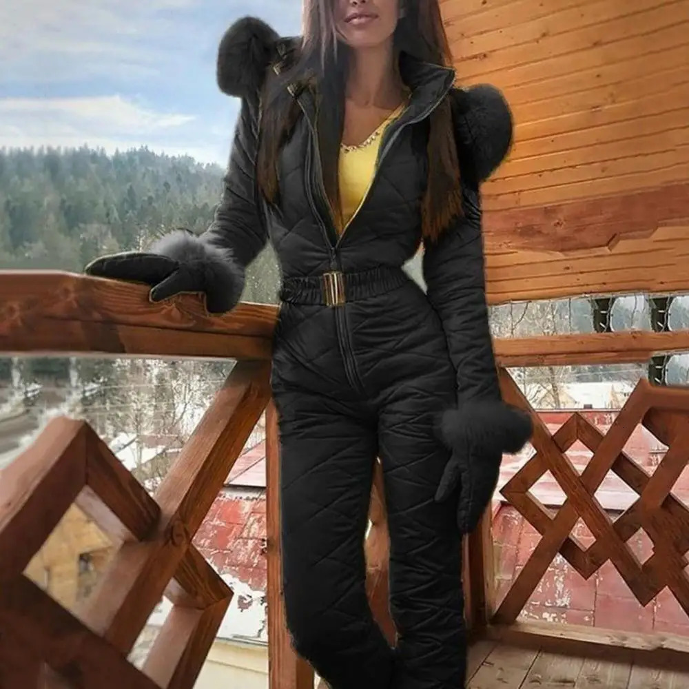 Faux Fur Collar Hooded Women Jumpsuits Winter Skiing Jumpsuit Outdoor Warm Fleece Ski Jumpsuit Women Skiing Suite Winter Coat 240927