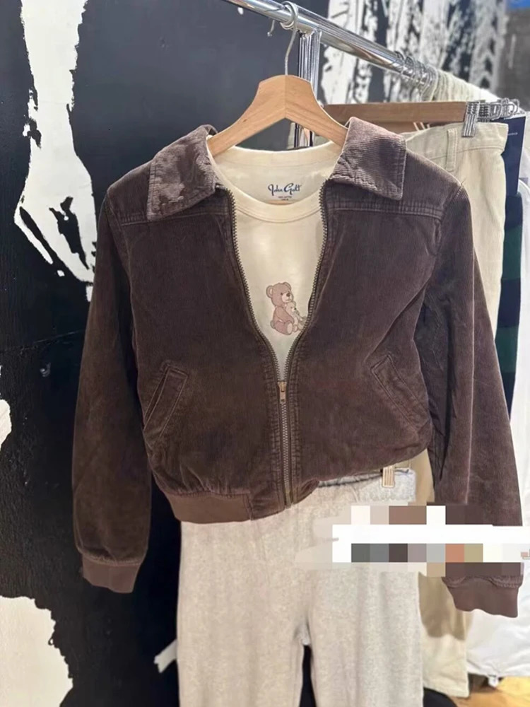 Yaphleet Y2K Girls Brown Corduroy Jackets 2024 Spring Fashion Ladies Vintage Short Jacket Sweet Women Cute Outfits Chic 240910