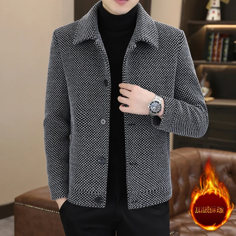 Korean winter wool jacket mens plush and warm short trench jacket plain casual business street jacket social mens clothing 240929 - view 4