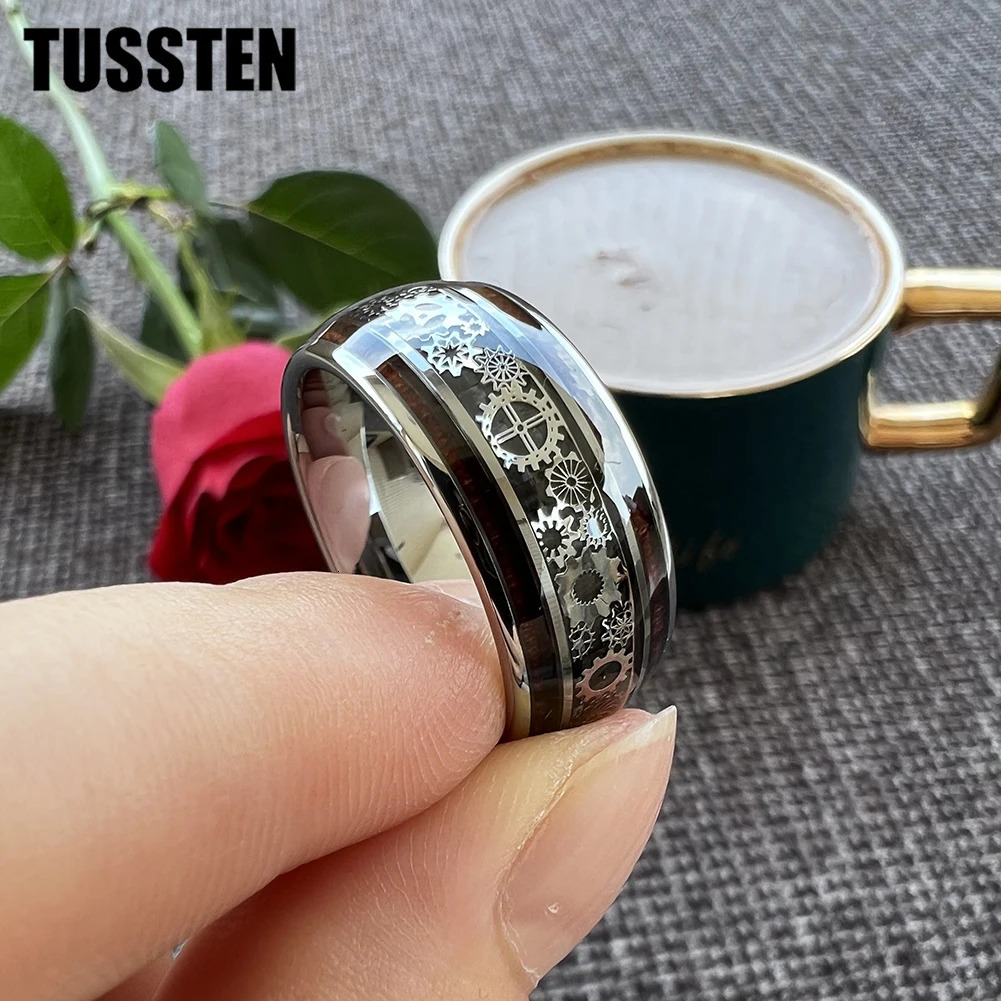 Drop TUSSTEN 10MM Men Women Gear Ring Cool Tungsten Wedding Band Domed Finish With Wood Inlay Comfort Fit 240927