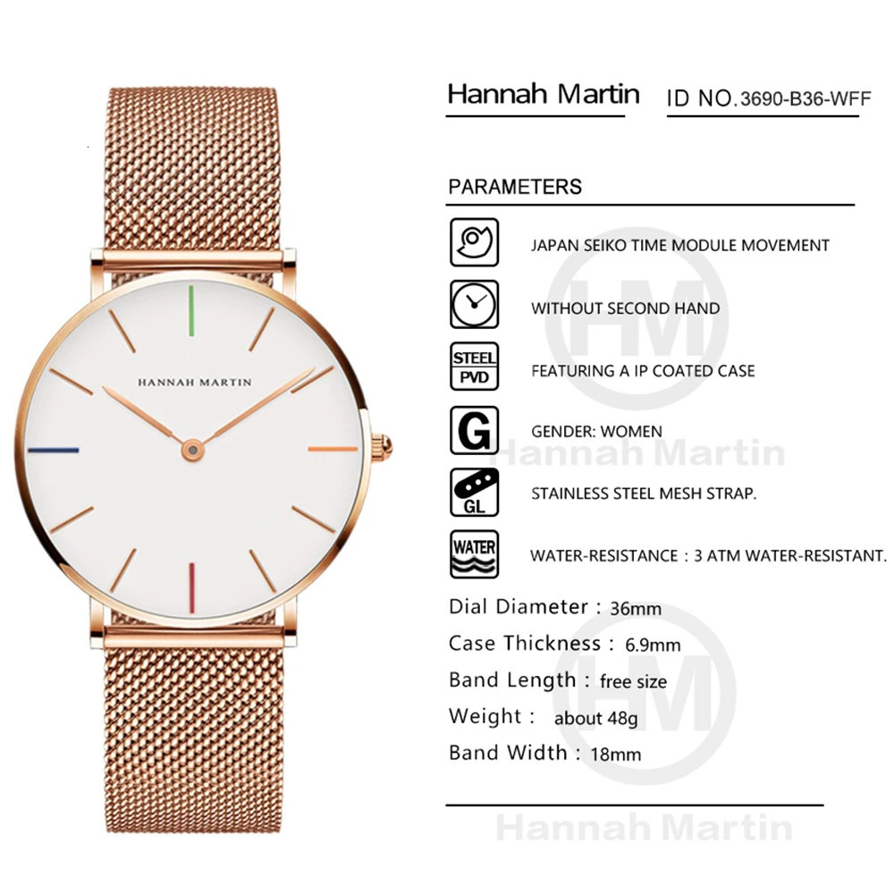 Hannah Martin Japanese Quartz Movement High Quality Womens Stainless Steel Mesh Rose Gold Waterproof Womens Watch Direct CB36 240918