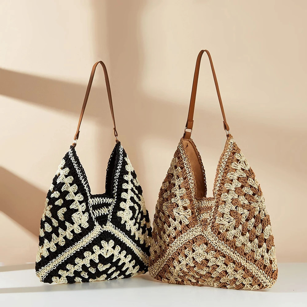 Womens handbag large capacity portable vacation shoulder bag casual handbag hollow woven summer beach bag 240930