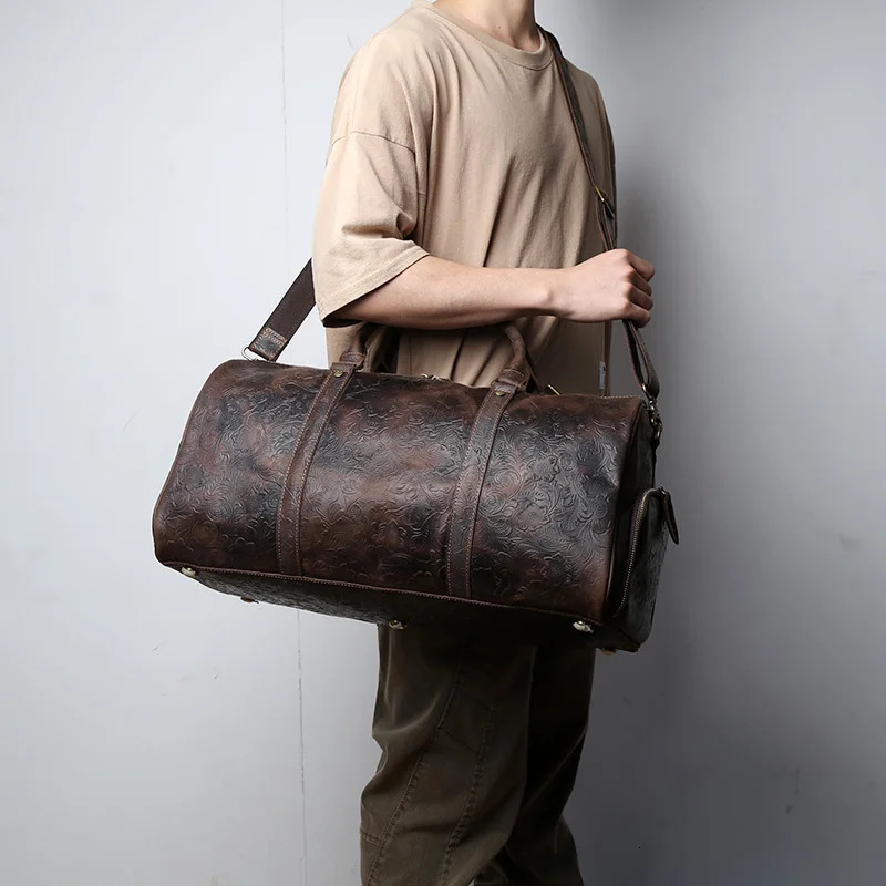 Vintage emed handbag made of high-capacity suitable for short trips leather with shoes company clothing canvas gym bag 240927 bae5