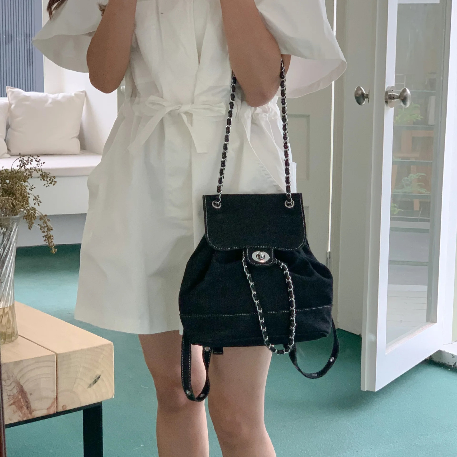 Womens Korean denim casual chain travel backpack 240927 200c