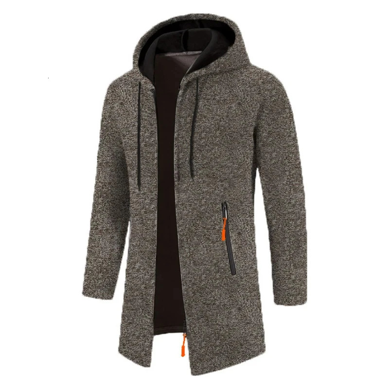 Men Winter Long Trench Coat 2023 Knit Sweater Jacket Fleece Wind Breaker Navy Turndown Hoodies Zipper Cardigan Male Overcoat 240930