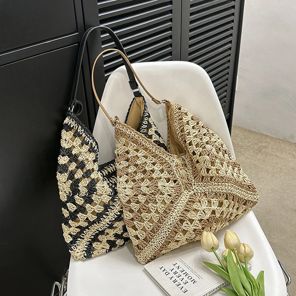 Womens handbag large capacity portable vacation shoulder bag casual handbag hollow woven summer beach bag 240930