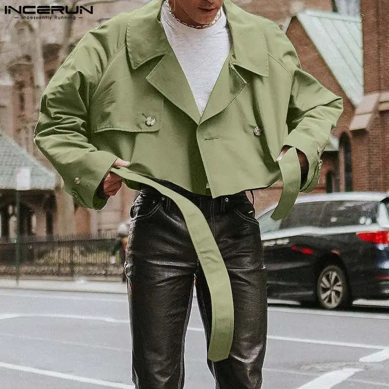 INCERUN Tops 2023 American Style Handsome Men Solid Cropped Tie Up n Jacket Casual Male Lapel Trench Coats S5XL 240921