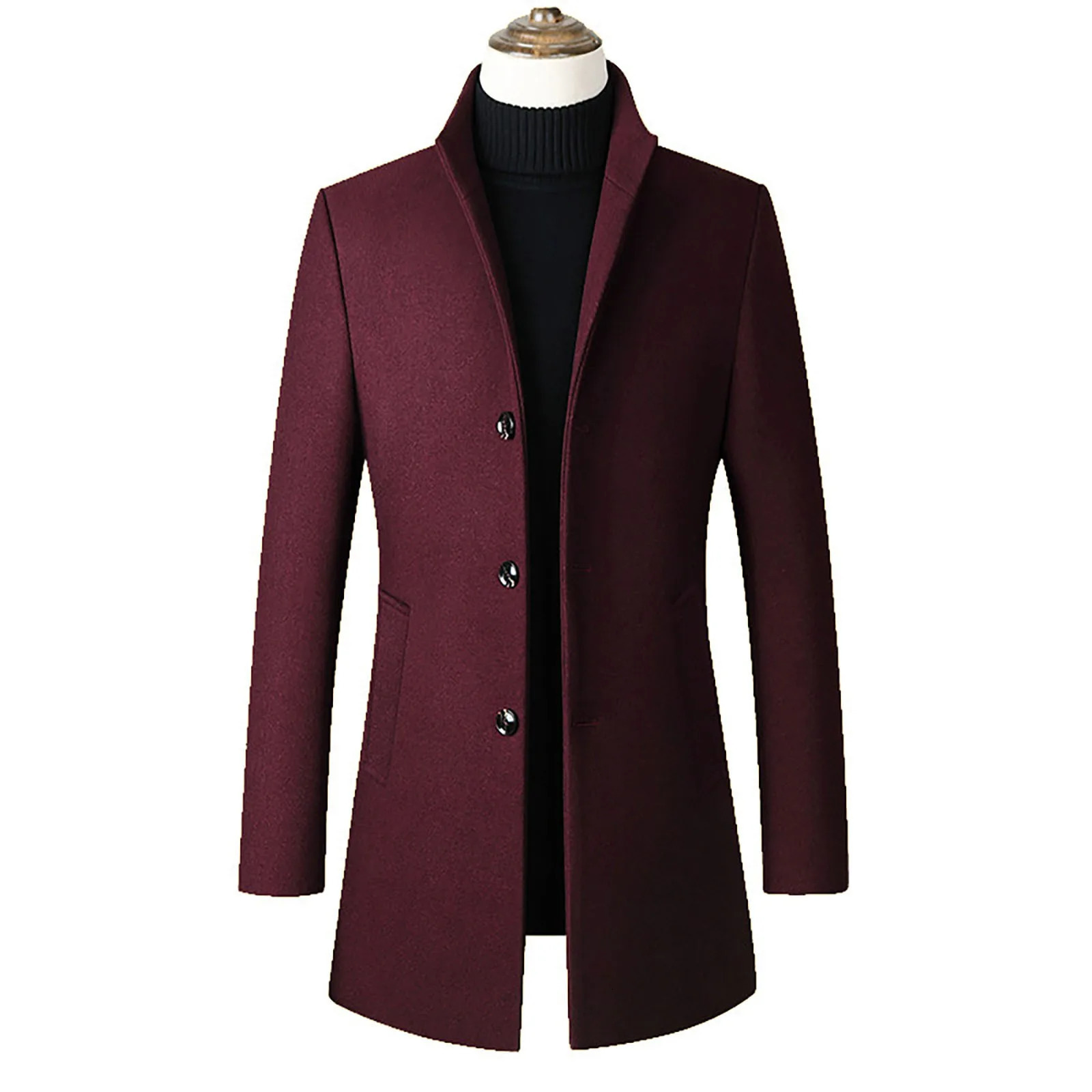 Mens mid length ultra-thin wool coat fashionable standing collar solid color coat comfortable soft and warm jacket Abrigo Hombre 240929 - view 4