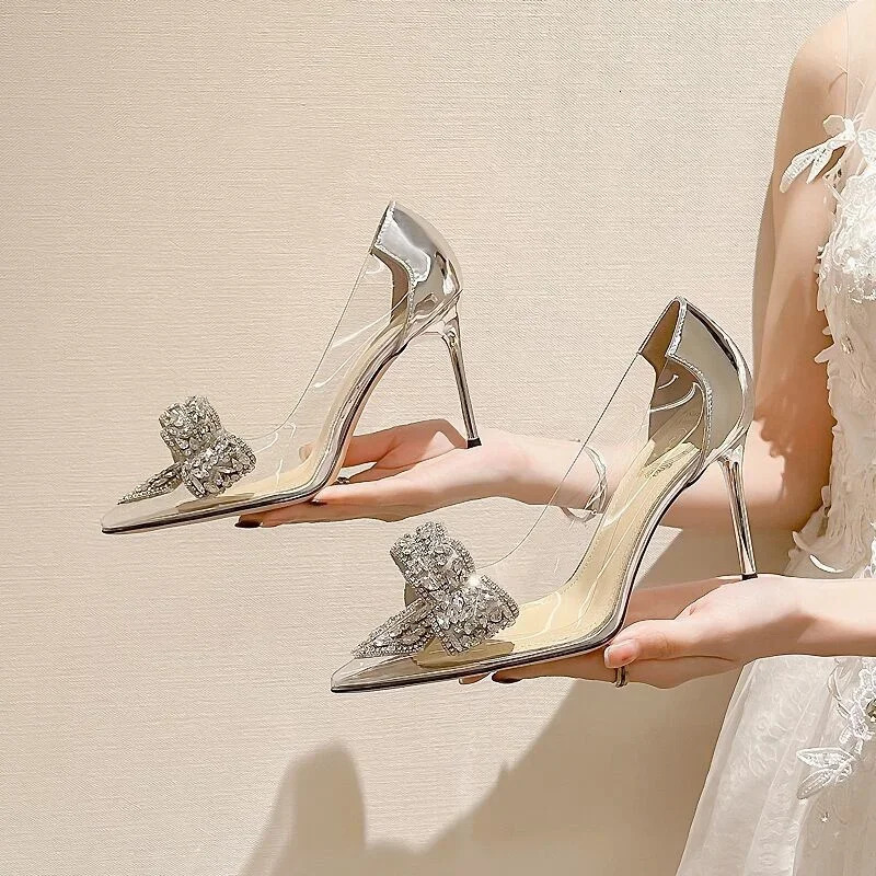 Sexy Transparent Wpmens Water Diamond Bow Pointed Toe Pump Wedding High Heels Spring/Summer Shoes 240925