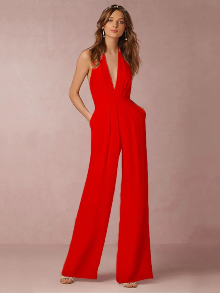 Fashion Jumpsuits For Women Sexy Deep V-neck Sleeveless Halter Neck Backless High Waist Wide Leg Jumpsuit Elegant Party Woman 240927