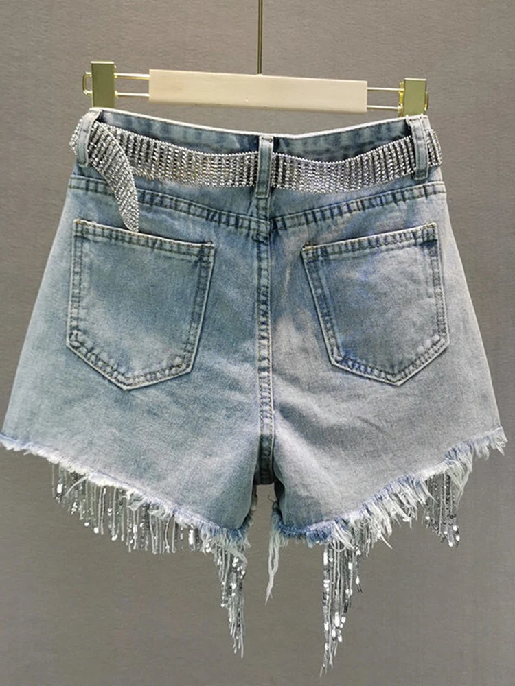 Summer elegant shorts womens tassel bead high waist wide leg denim shorts womens casual solid shorts 240930