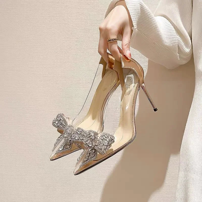 Sexy Transparent Wpmens Water Diamond Bow Pointed Toe Pump Wedding High Heels Spring/Summer Shoes 240925