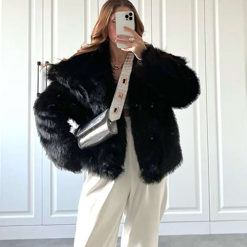 TRAF 2024 Women's Black Fluffy Autumn Winter Faux Fur Coat Plush Outerwears White Red Gray Warm Cropped Jacket