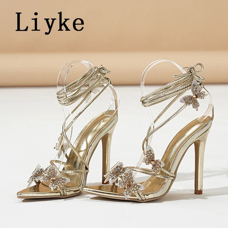 Liyke New Summer Fashion Crystal Rhie High Heels Modern Sandals Women Sexy Butterfly Narrow Band Open Toe Wedding Party Shoes 240921