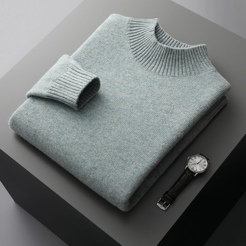 Winter double thick mens cashmere sweater semi high neck high-end warm wool knitted bottom sweater 240927