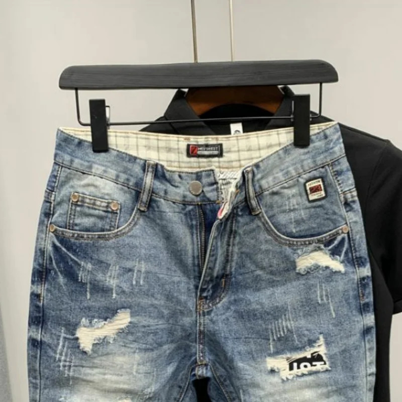 Cracked straight mens denim shorts graphic multicolor sales Korean fashion original trend y cut 240925