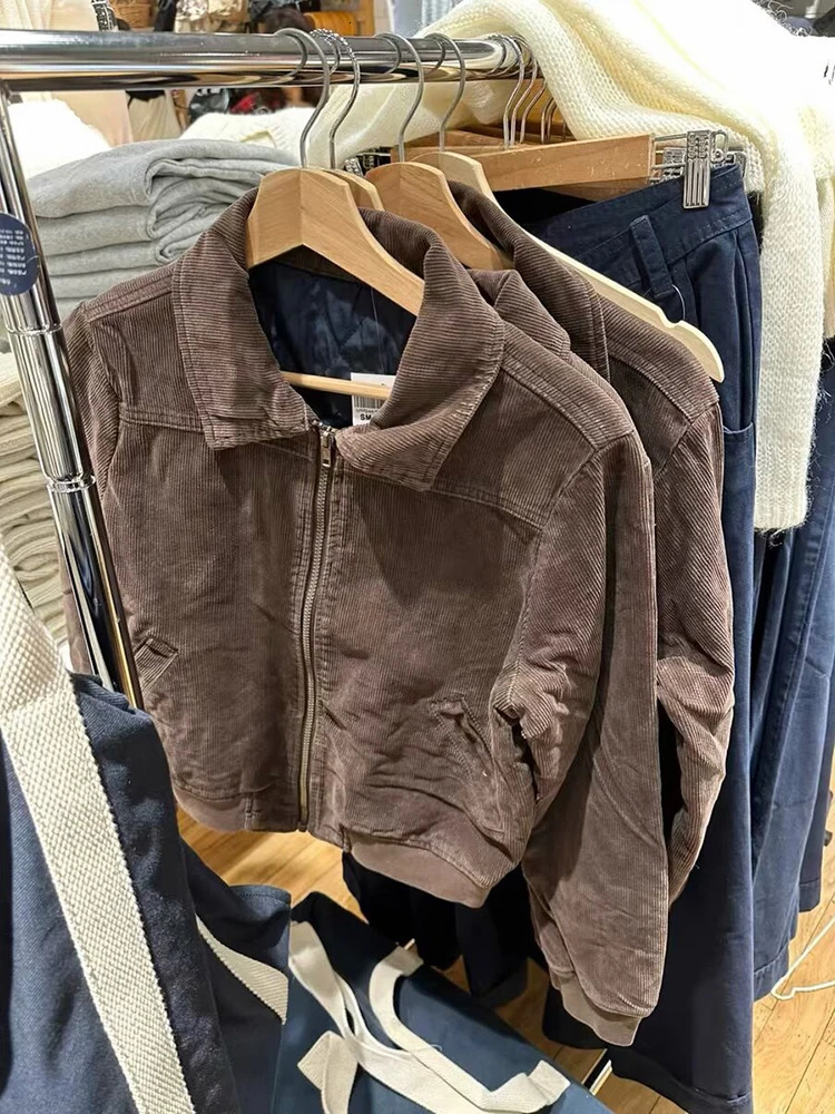 Yaphleet Y2K Girls Brown Corduroy Jackets 2024 Spring Fashion Ladies Vintage Short Jacket Sweet Women Cute Outfits Chic 240910