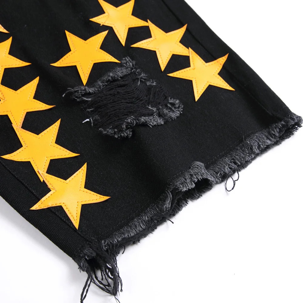 Mens leather star patch denim shorts summer loose black jeans hole torn breeze 240925