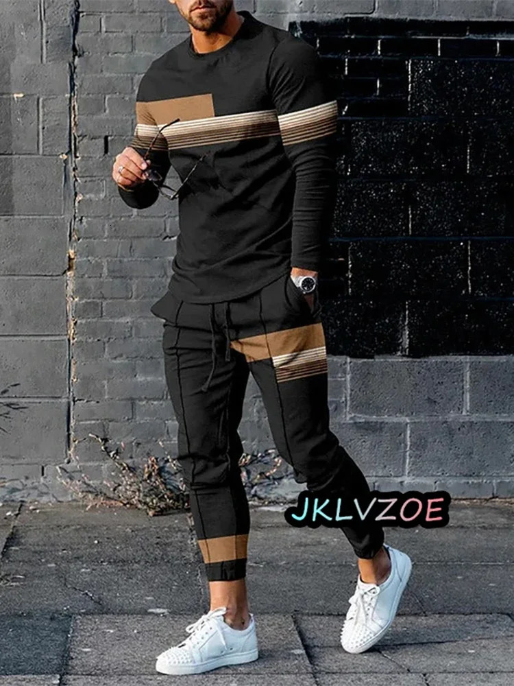 Trouser 2-Piece Spring Mens Street Clothing Long Sleeve T-Shirt Sports Pants Jogging Set 240927