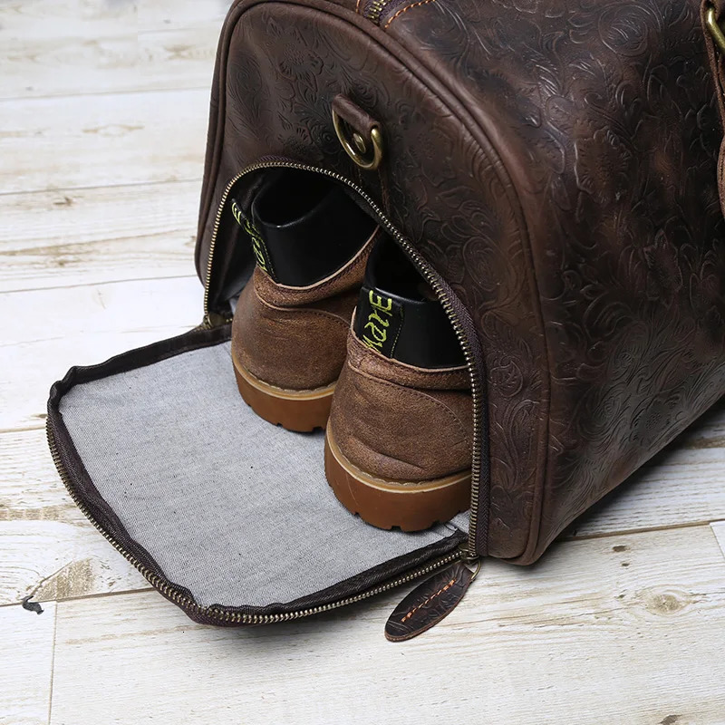 Vintage emed handbag made of high-capacity suitable for short trips leather with shoes company clothing canvas gym bag 240927 bae5