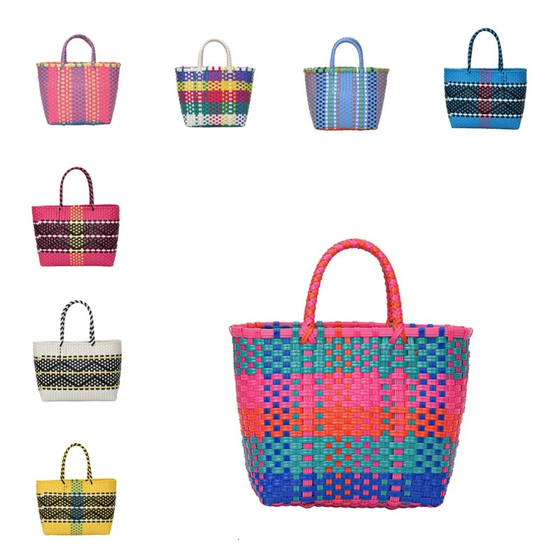 Handwoven Portable Handbag Large Capacity Plastic Handbag Summer Beach Travel Holiday Shopping Bag Contrast Colors 240930