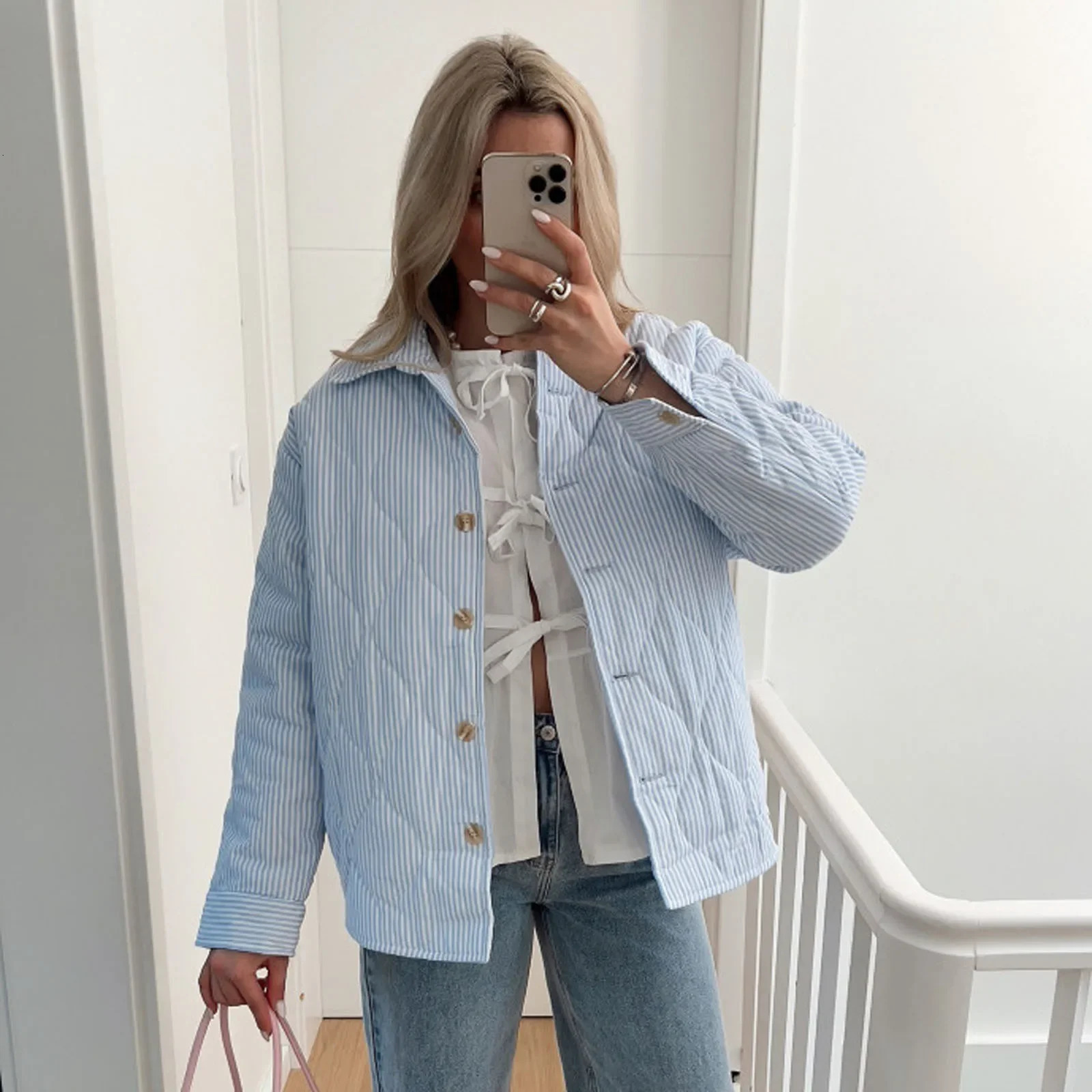 Hirigin Womens Retro Y2K Striped Quilted Jacket Flip Collar Button Inflatable Jacket Autumn/Winter Fillet Cardigan Jacket 240924