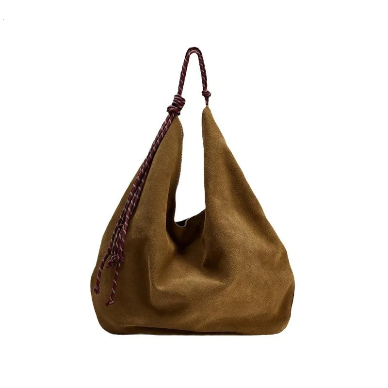 Stylish Tassel Womens Dark Brown Suede Shoulder Bag Large Capacity Shopping Bag Strappy Handle Underarm Bag 240930