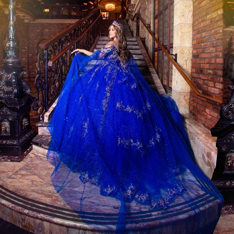 Royal Blue Shiny Quinceanera Dresses Beaded Sequined Lace Appliques Tull With Cape Sweet 16 Dress Ball Gown Vestidos de 15 anos