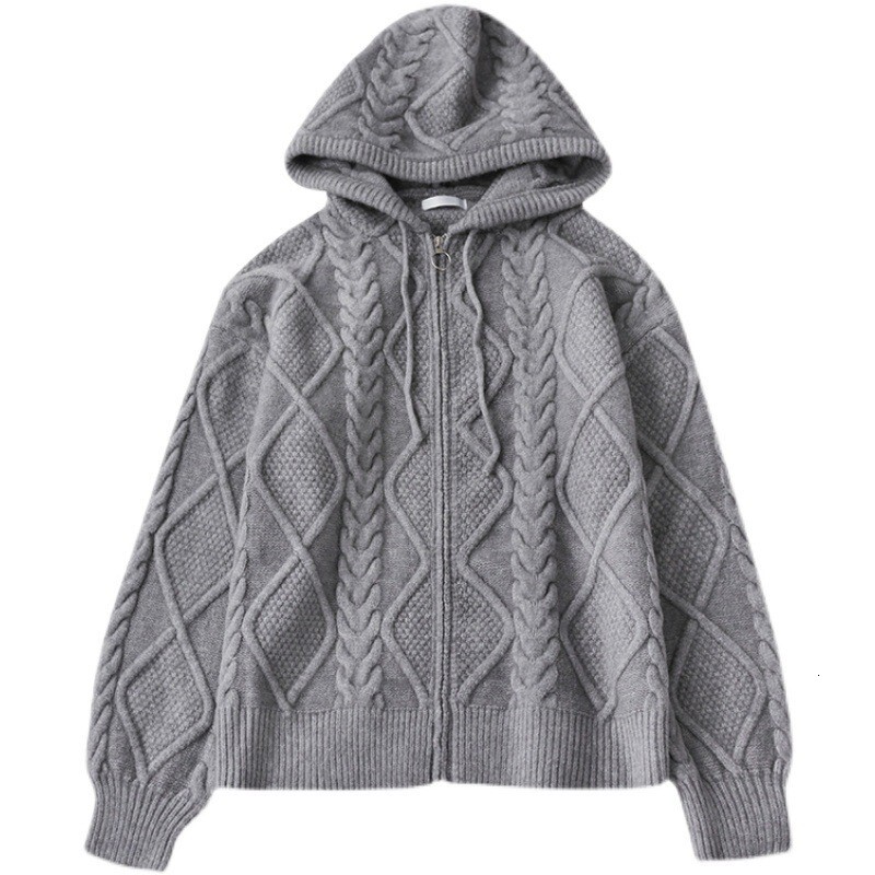 Men's Hooded Zippers Knitted Cardigan Sweater Casual Jacquard Solid Color Long Sleeve Streetwear Vintage Hoodie Knitwear