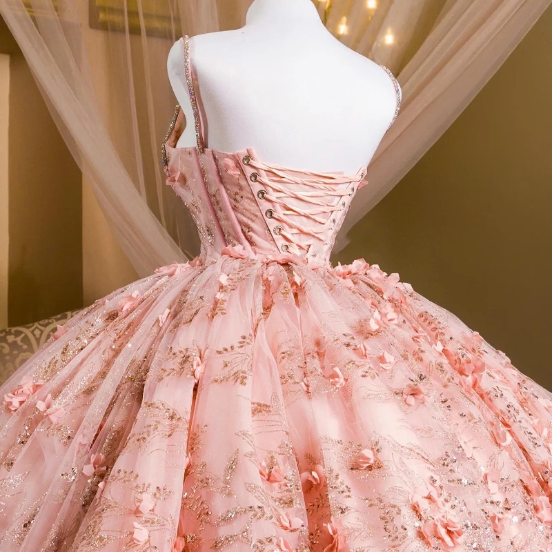 Pink Shiny Princess Quinceanera Dresses Ball Gown Off The Shoulder 3D Floera Sequin Applique Lace Beads Tull Corset Sweet 16 Vestidos 15 De XV Anos