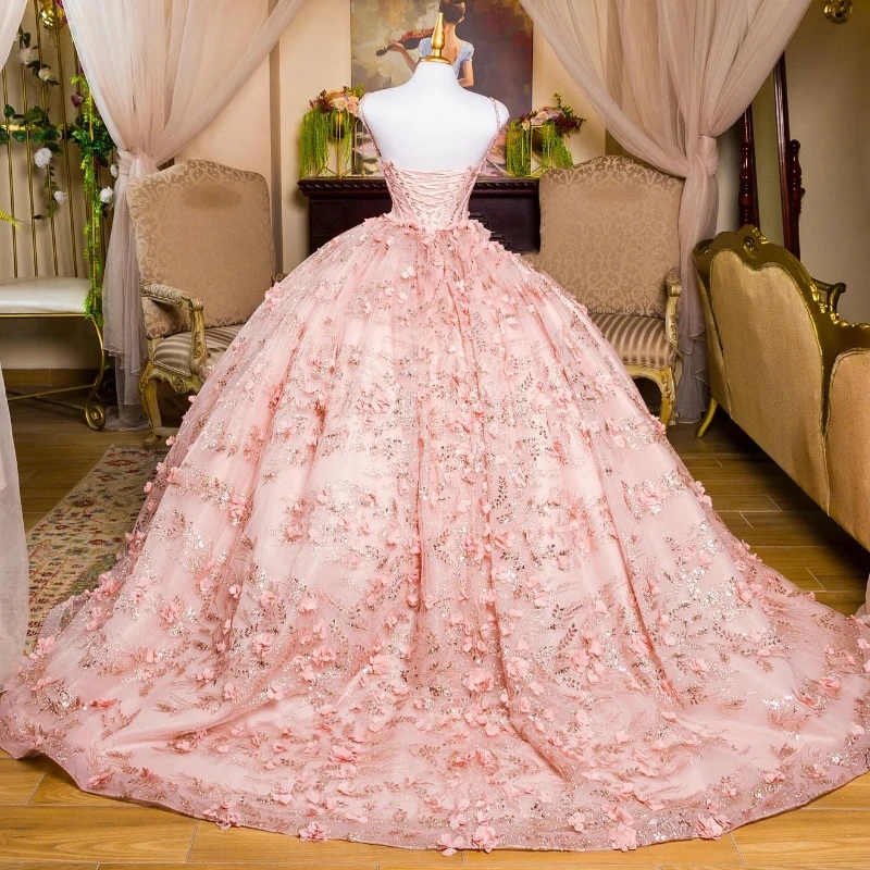 Pink Shiny Princess Quinceanera Dresses Ball Gown Off The Shoulder 3D Floera Sequin Applique Lace Beads Tull Corset Sweet 16 Vestidos 15 De XV Anos