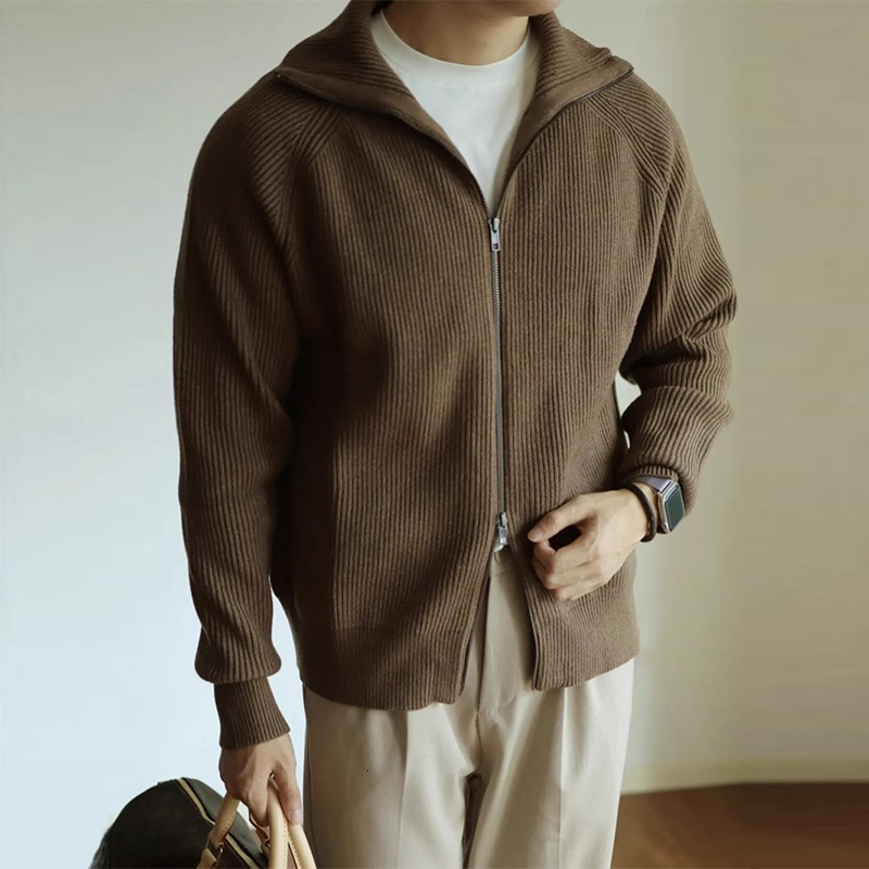 Autumn Clothing Men's Knitted Stand Collar Cardigan Casual Streetwear Solid Color Long Sleeve Knitwear Retro Jacket M-2Xl