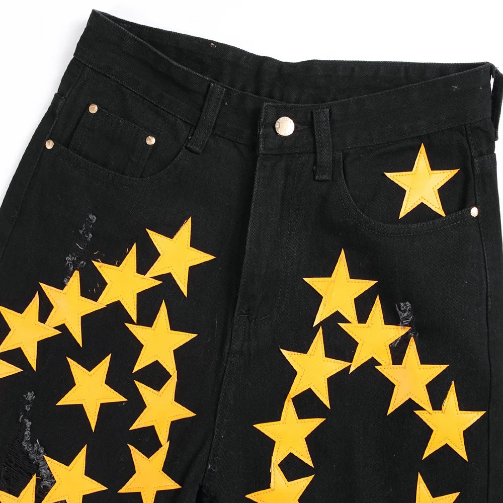 Mens leather star patch denim shorts summer loose black jeans hole torn breeze 240925
