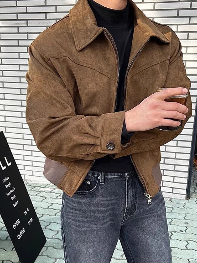 Mens Short Bomber Jackets 2024 Spring Retro Y2k Lapel Zipper Pocket Windbreaker Coats High Quality Overcoat Streetwear 240910