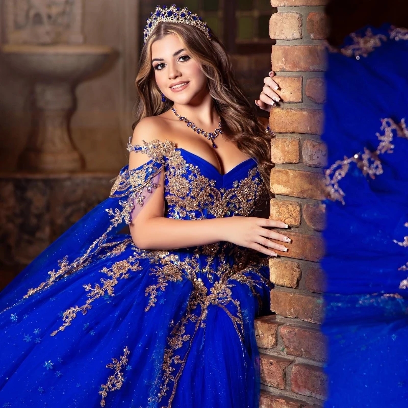 Royal Blue Shiny Quinceanera Dresses Beaded Sequined Lace Appliques Tull With Cape Sweet 16 Dress Ball Gown Vestidos de 15 anos