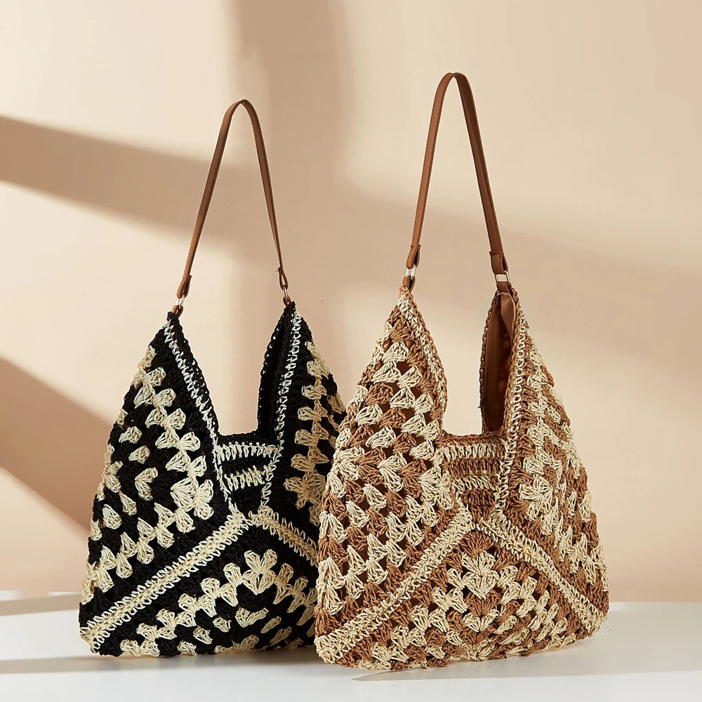 Womens handbag large capacity portable vacation shoulder bag casual handbag hollow woven summer beach bag 240930
