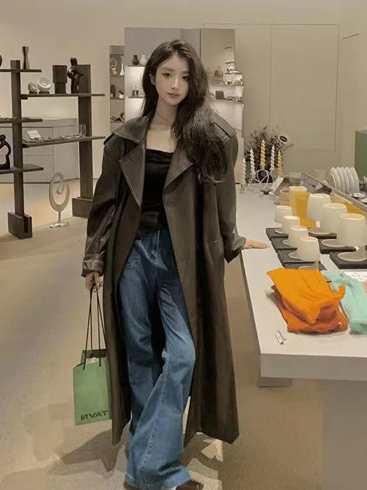 Womens spring and autumn long knee leather jacket womens trench leather jacket ultra-thin waist tied leather jacket womens jacket 240929